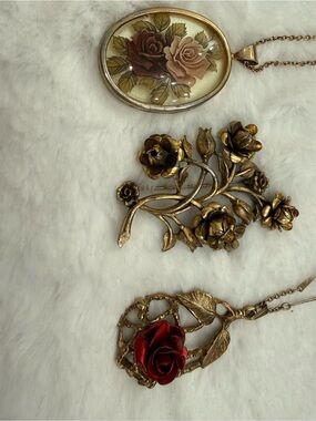 Rose Bundle - Vintage Avon & Rose Pendant Necklaces + Gold Tone Brooch